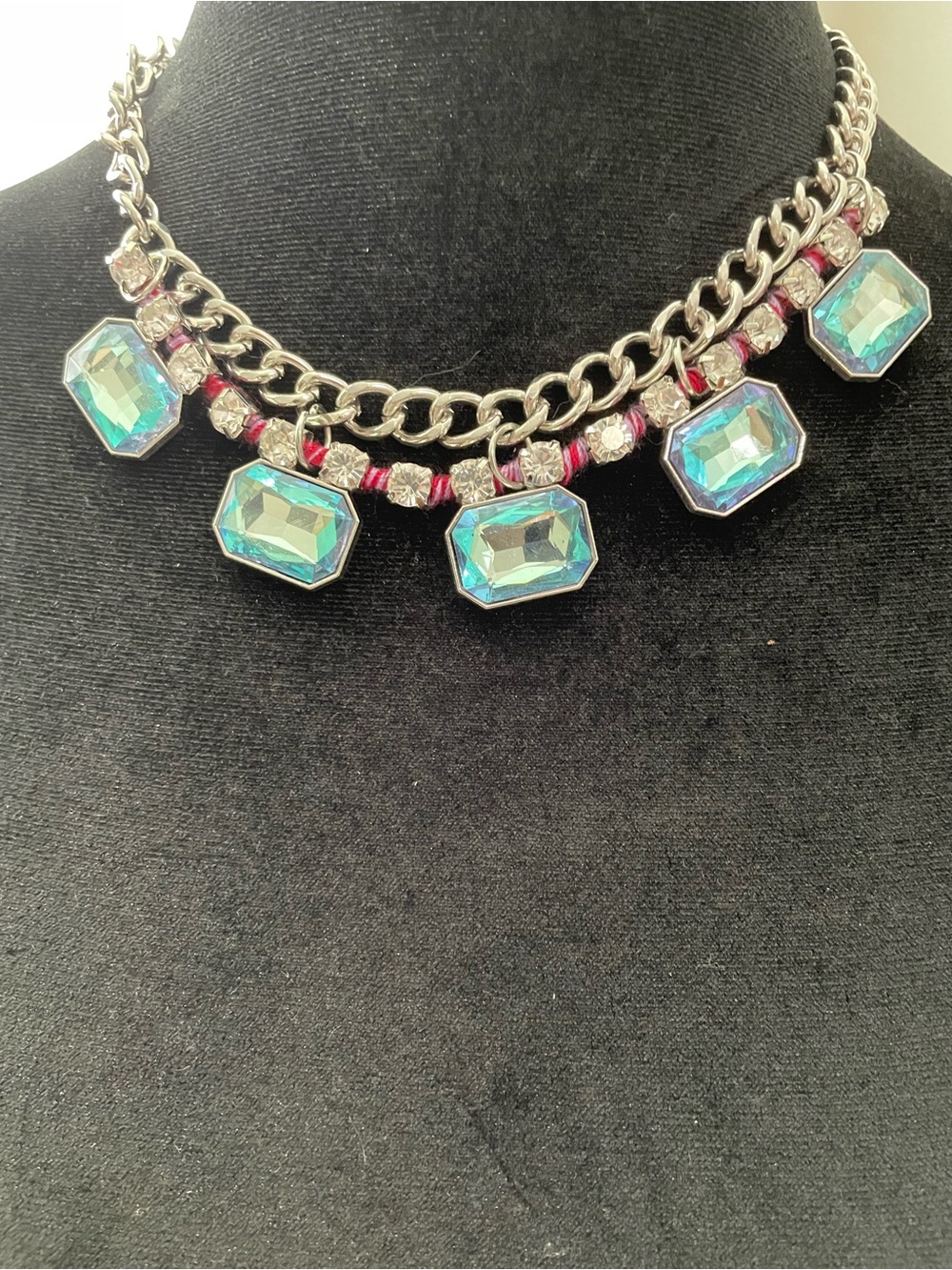 Silver Chain Necklace with Iridescent Blue Gem Drops
